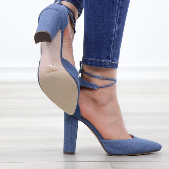 Denim Pointy Toe Block Lace-Up High Heel Pumps - Picture 5 of 12